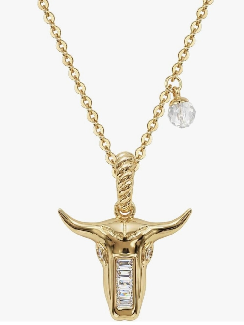Gold Bull Head Pendant Necklace with Clear Crystal Accent